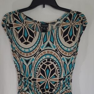 Enfocus Studio Geometric Blue and Tan Dress